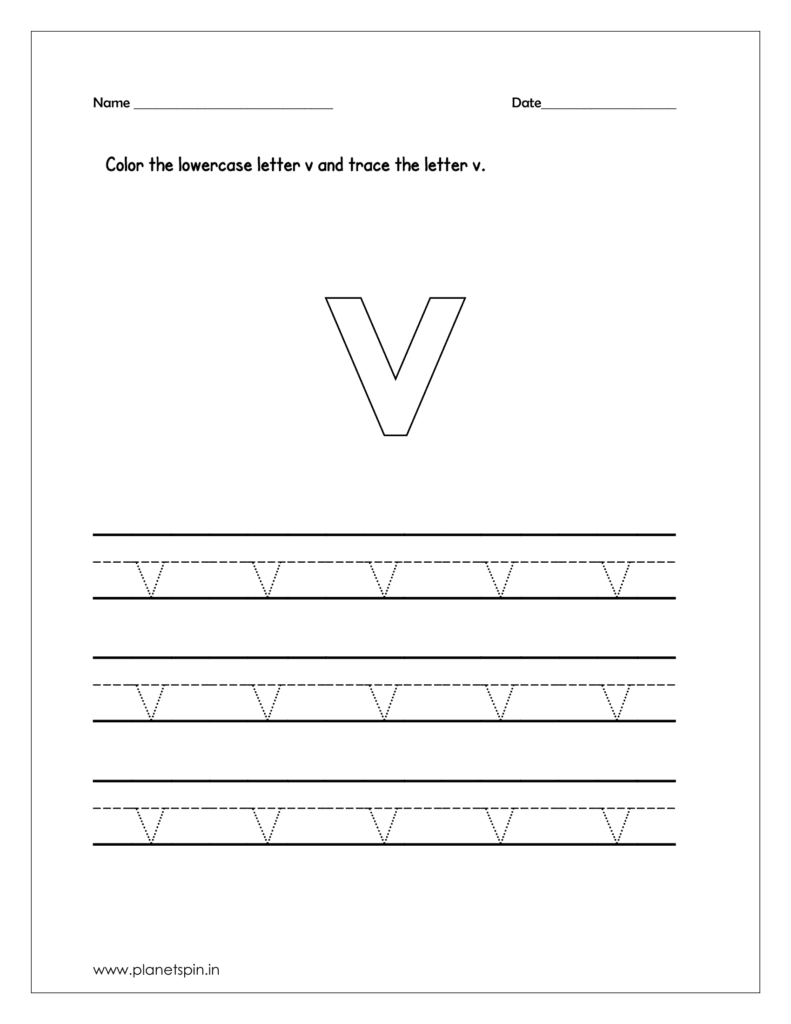 Color the lowercase letter v and trace the letter on four line 