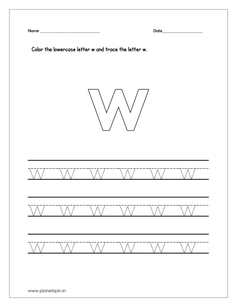 Color the lowercase letter w and trace the letter on four line worksheet