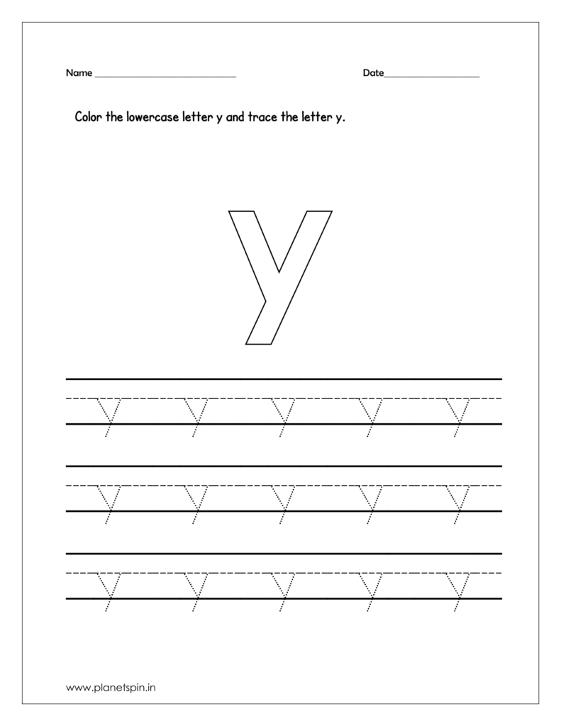 Color the lowercase letter y and trace the letter on four line worksheet