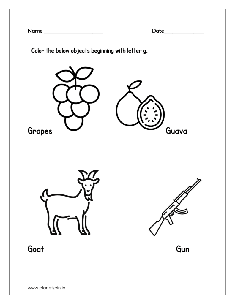 Color the objects beginning with letter G