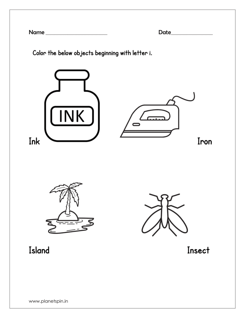 Color the objects beginning with letter I