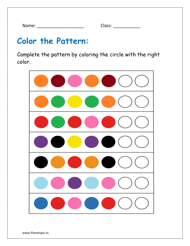 Complete the shapes patterns by coloring the circle with the right color in the given worksheet for class 1