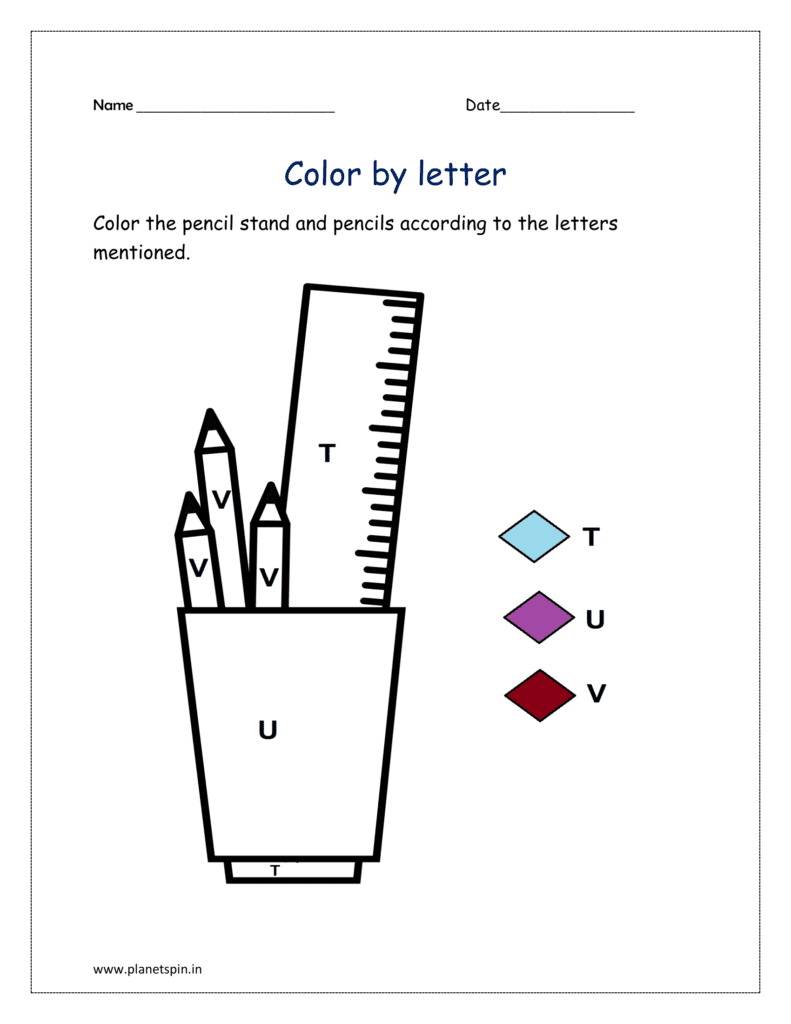 T to V: Color the pencil stand and pencils by letter codes and download the free printable worksheet