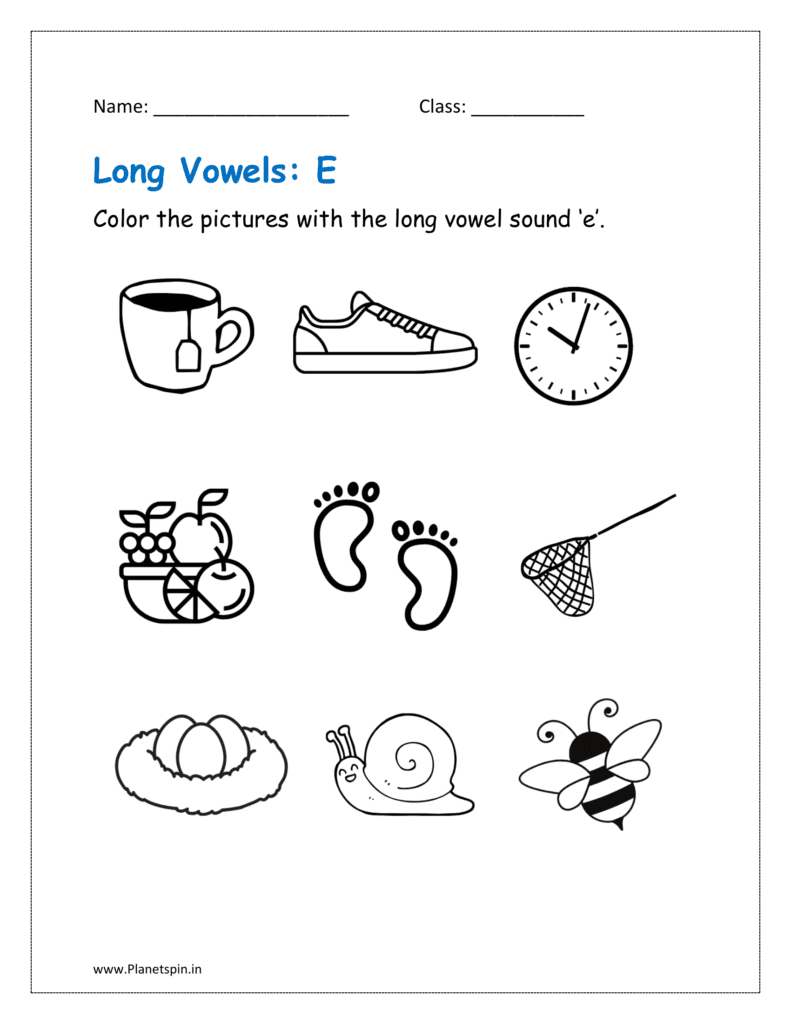 E long vowel sound: Color the picture with the vowel 'e'.