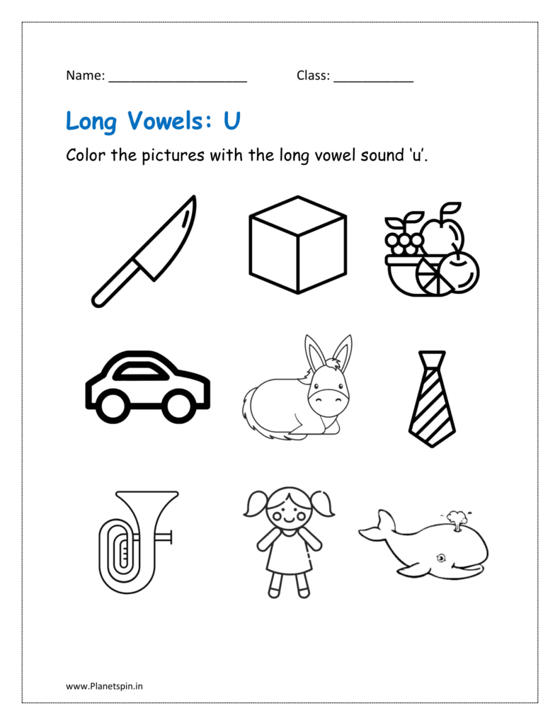 U long vowel sound: Color the picture with the vowel 'u'.