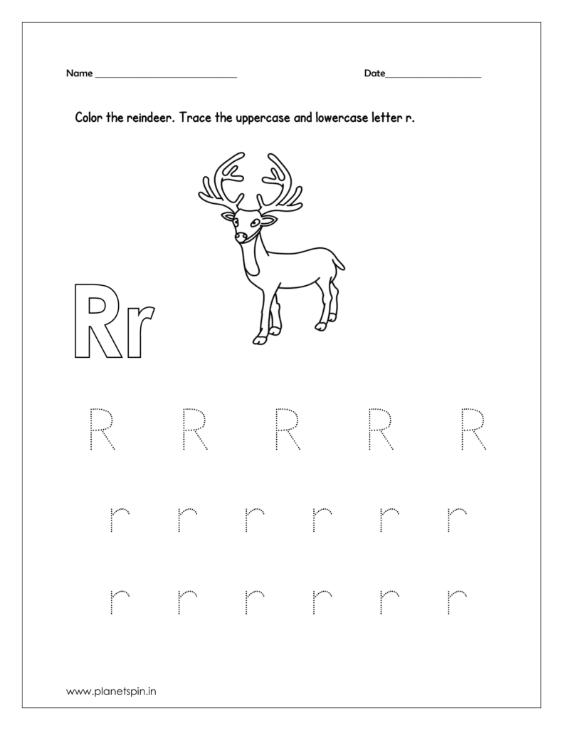 Color the reindeer and trace the uppercase and lowercase letter r in the free printable letter r worksheet.