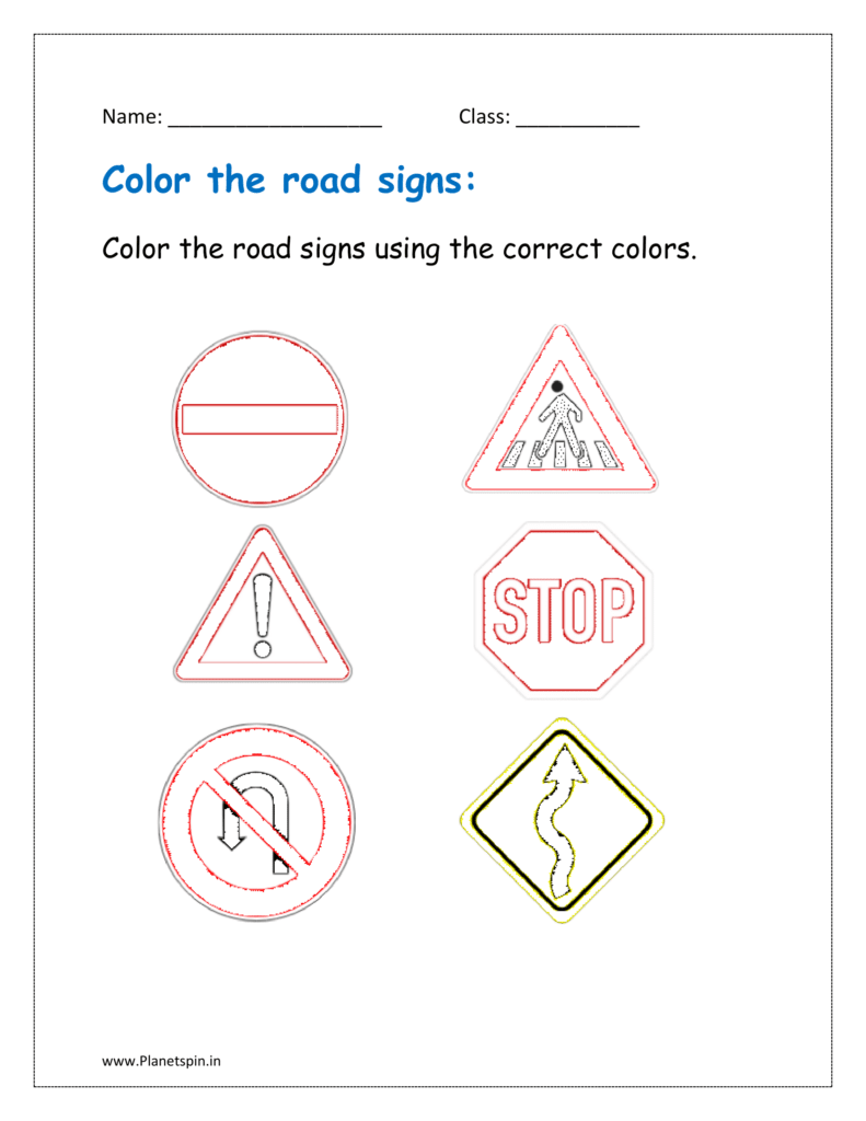 Color the road signs using the correct colors in the given worksheet