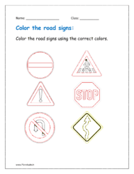 Color the road signs using the correct colors in the given worksheet