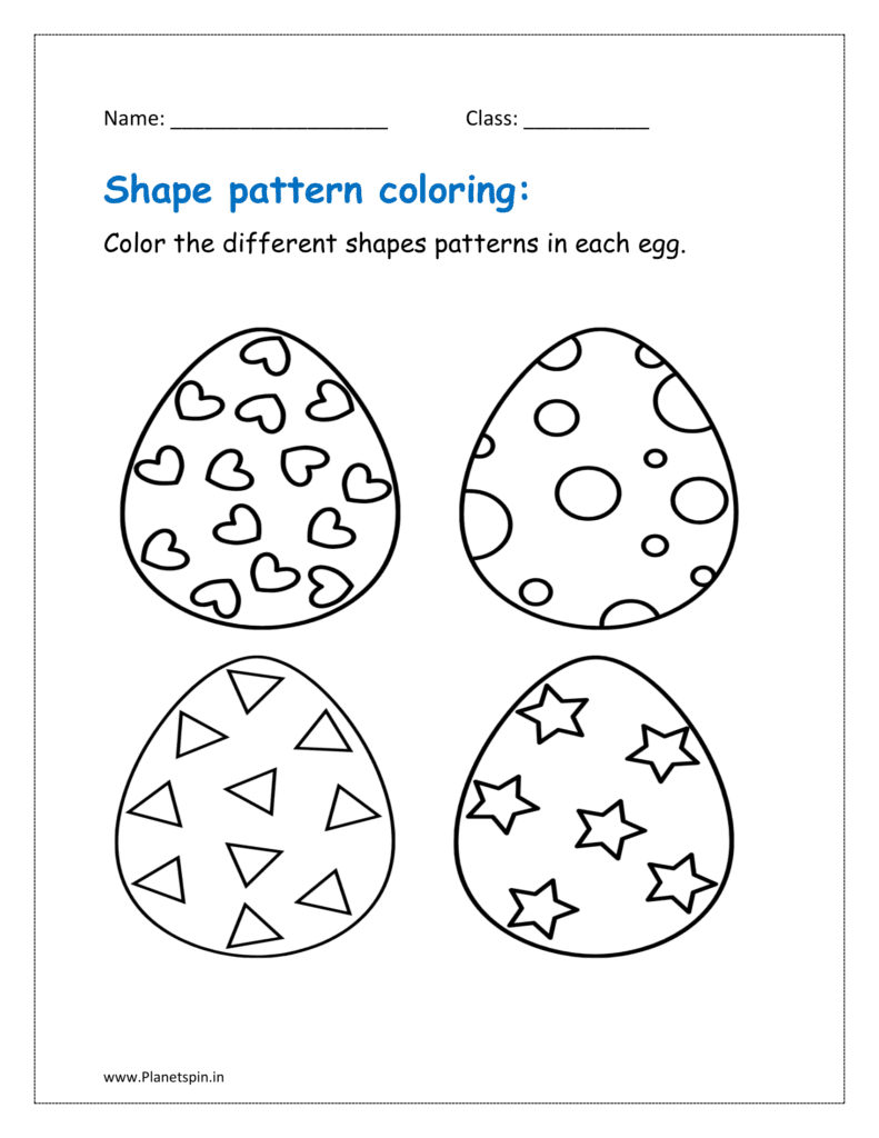 Color the different shapes patterns in each egg.