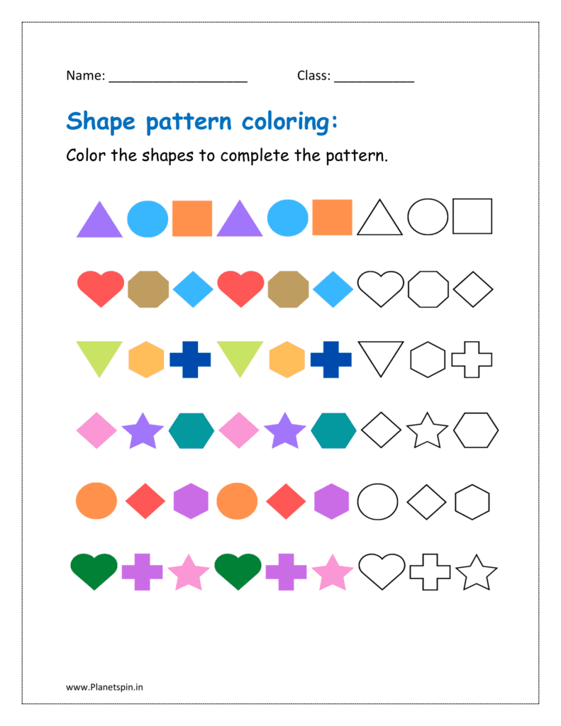 Color the shapes to complete the patterns.