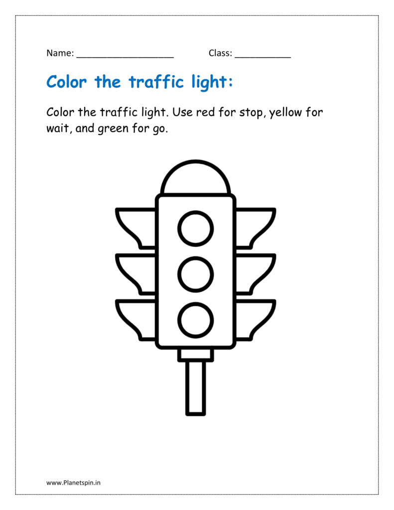 Color the traffic light. Use red for stop, yellow for wait, and green for go