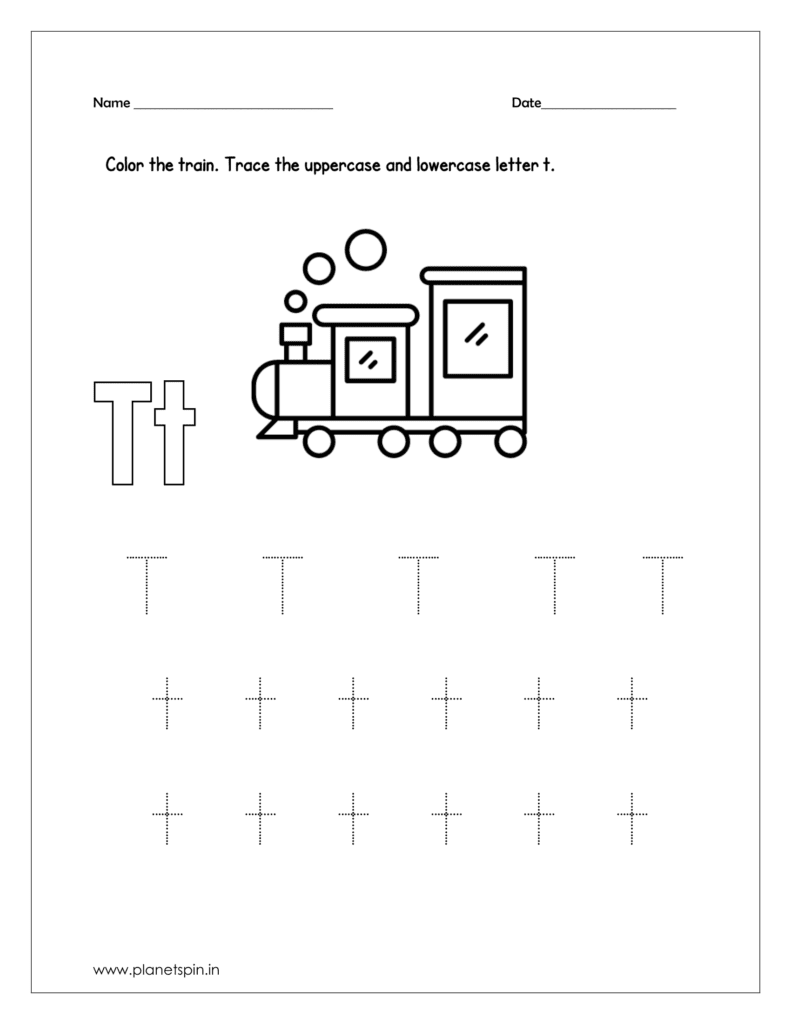 Color the train and trace the uppercase and lowercase letter t.