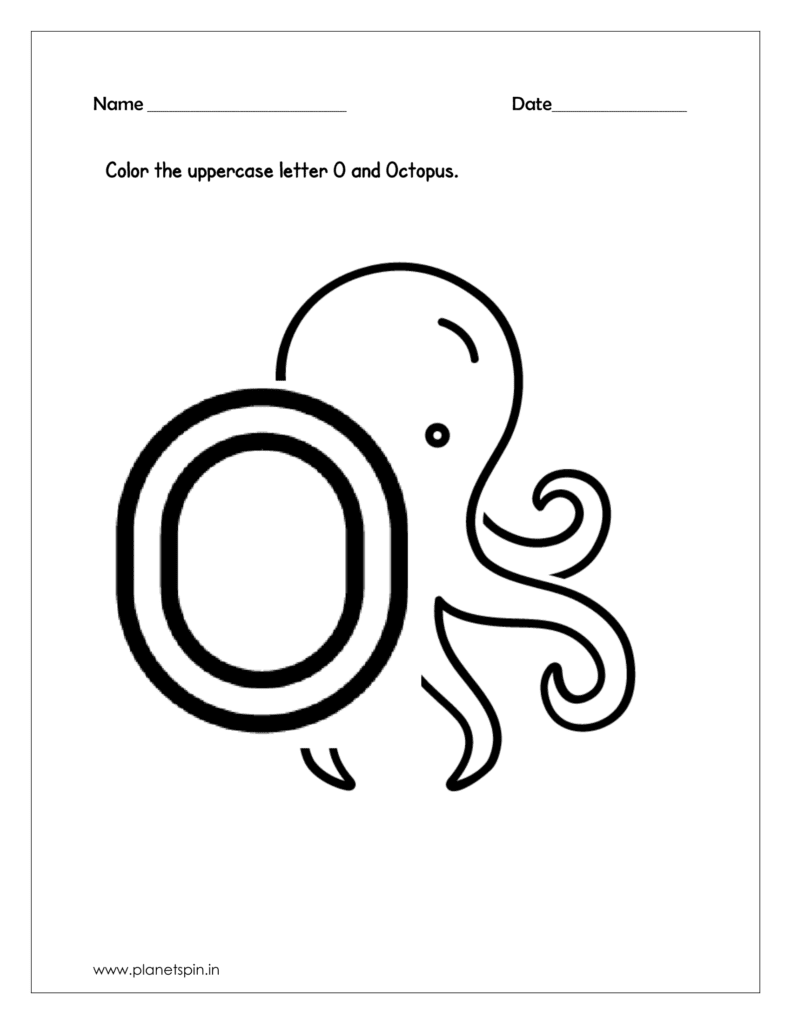 alphabet tracing worksheets for 
 capital letters O and Color the Octopus