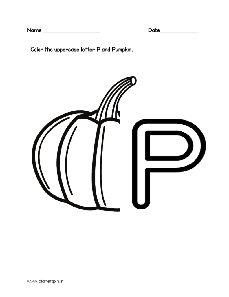 alphabet tracing worksheets for 
 capital letters P and Color the Pumpkin