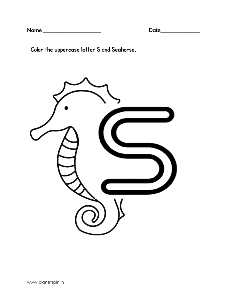 alphabet tracing worksheets for 
 capital letters S and Color the Seahorse 