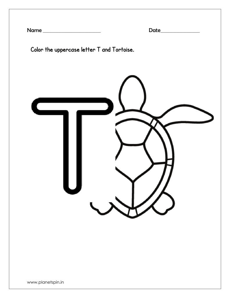 alphabet tracing worksheets for 
 capital letters T and  Color the Tortoise