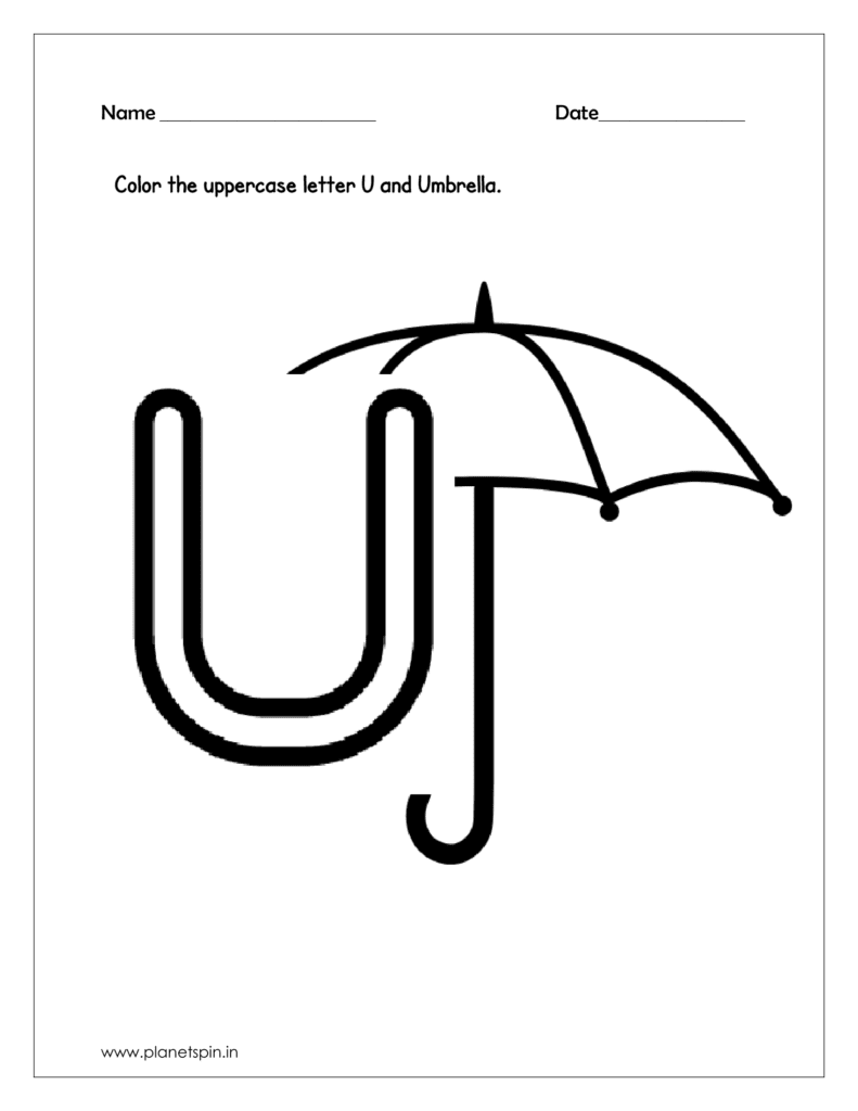 alphabet tracing worksheets for 
 capital letters U and Color the Umbrella 