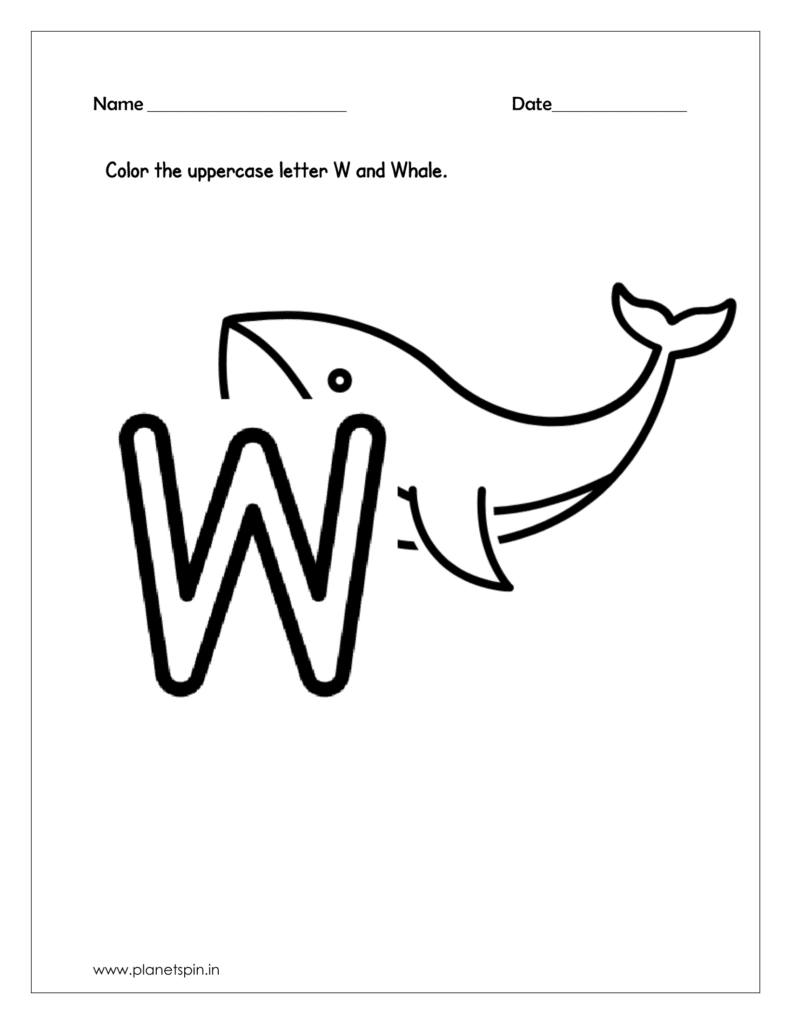 alphabet tracing worksheets for 
 capital letters W and Color the Whale