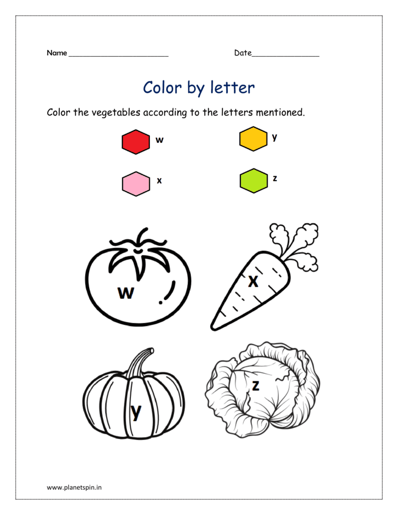 W to Z: Color the vegetables by letter codes and download the free printable worksheet