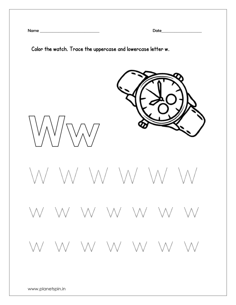 Color the watch  in the given letter w free printable worksheet