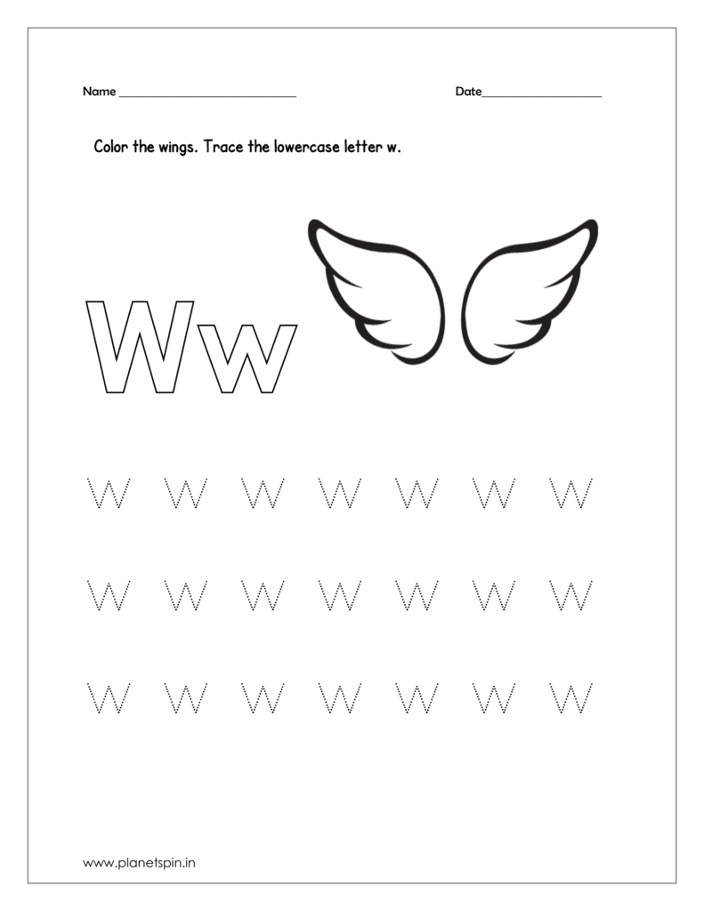 Color the wings  in the given letter w free printable worksheet