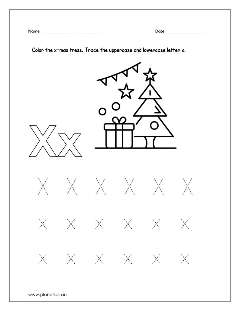 Color the x-mas tree and trace the uppercase and lowercase x.