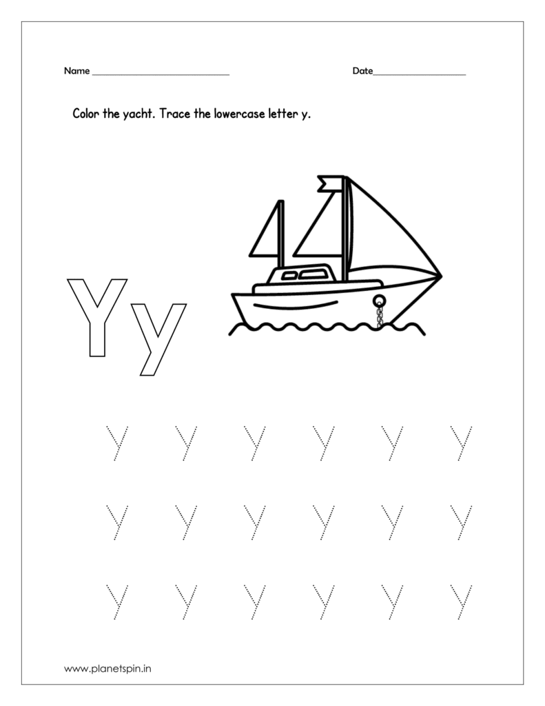 Color the yacht and trace the lowercase y