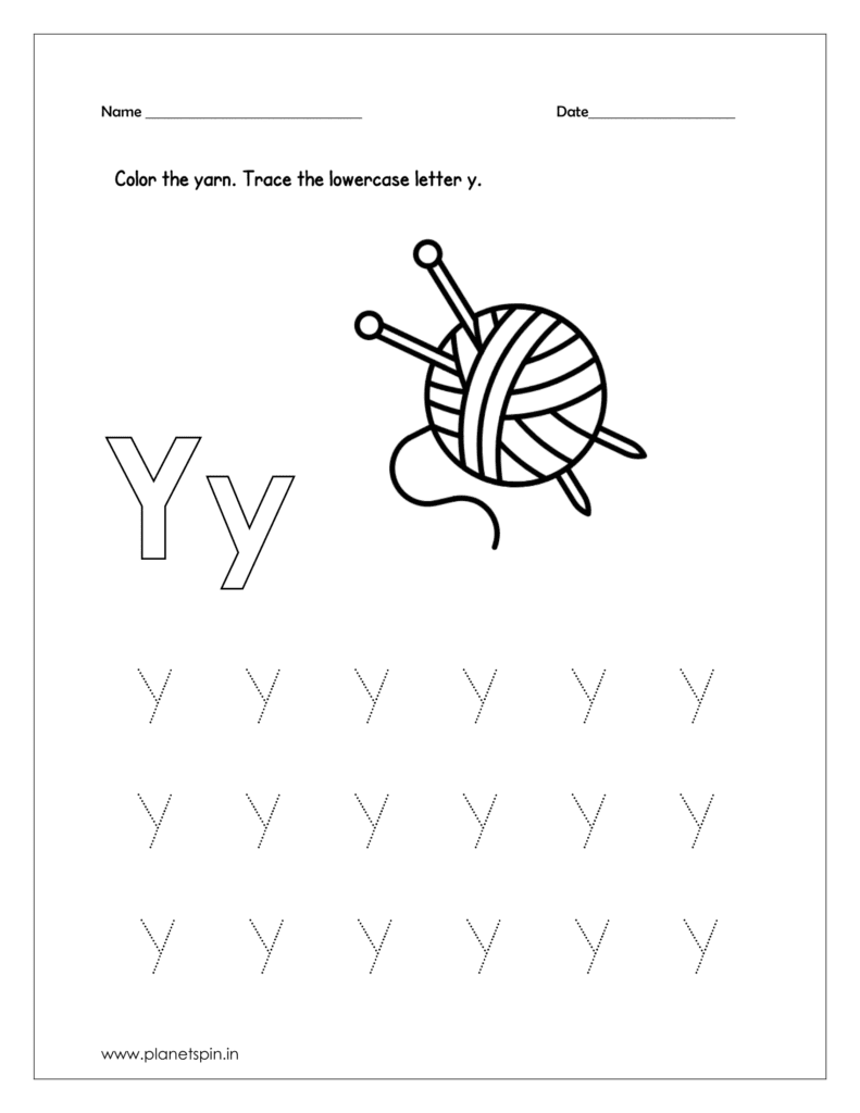 Color the yarn and trace the lowercase letter y 