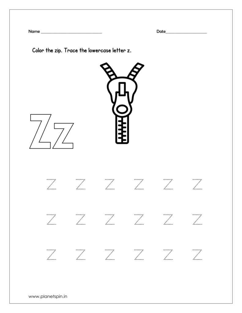 Color the zip and trace the lowercase z on printable worksheets for preschool.