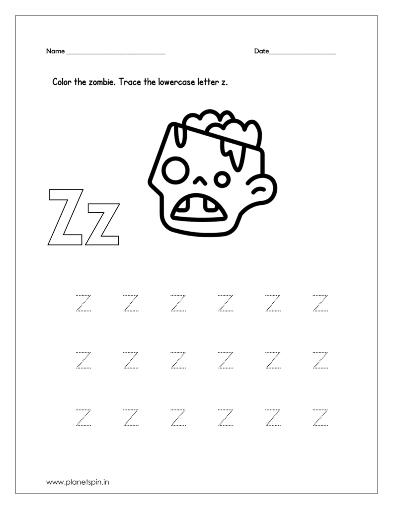 Color the zombie and trace the letter on printable worksheets for preschool.