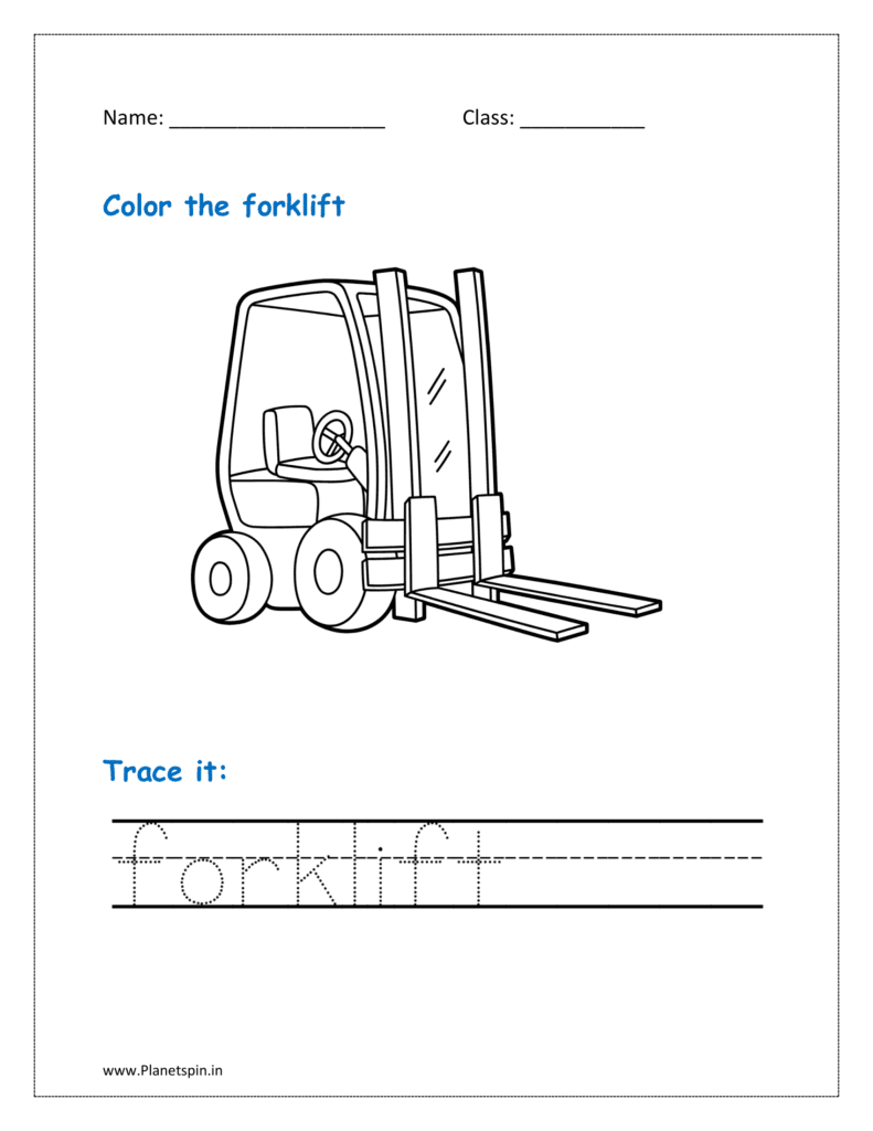 Forklift coloring page: Forklift is a special industrial vehicle used for lifting and transferring big goods. It is sometimes referred to as a lift truck or fork truck.