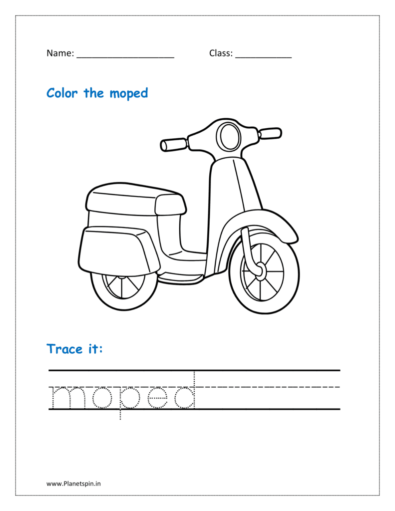 Moped coloring pages: It is a kind of tiny motor vehicle that blends motorcycle and bicycle design components.