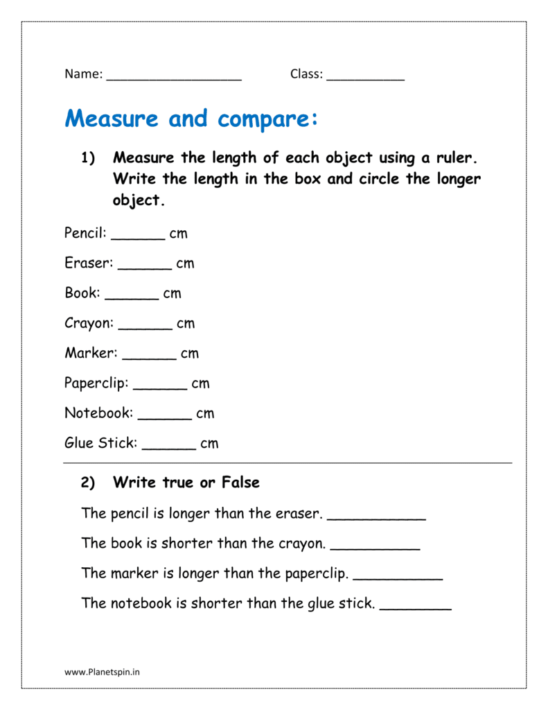 Measure the length of each object using a ruler (comparing length grade 1)