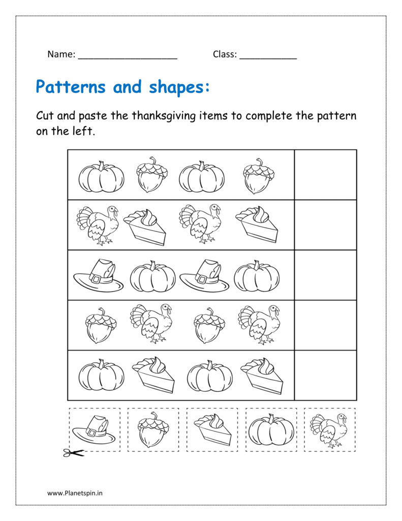 Cut and paste the thanksgiving items to complete the shapes patterns on the left.