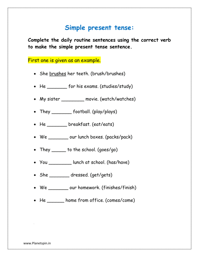 Complete the daily routine sentences using the correct verb to make the simple present tense sentence.