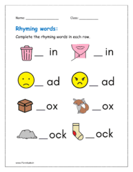 Complete the rhyming words in each row (rhymes words for kindergarten)