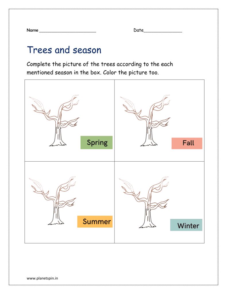 Seasons: Complete the picture of the trees according to the each mentioned season in the box. Color the picture too.