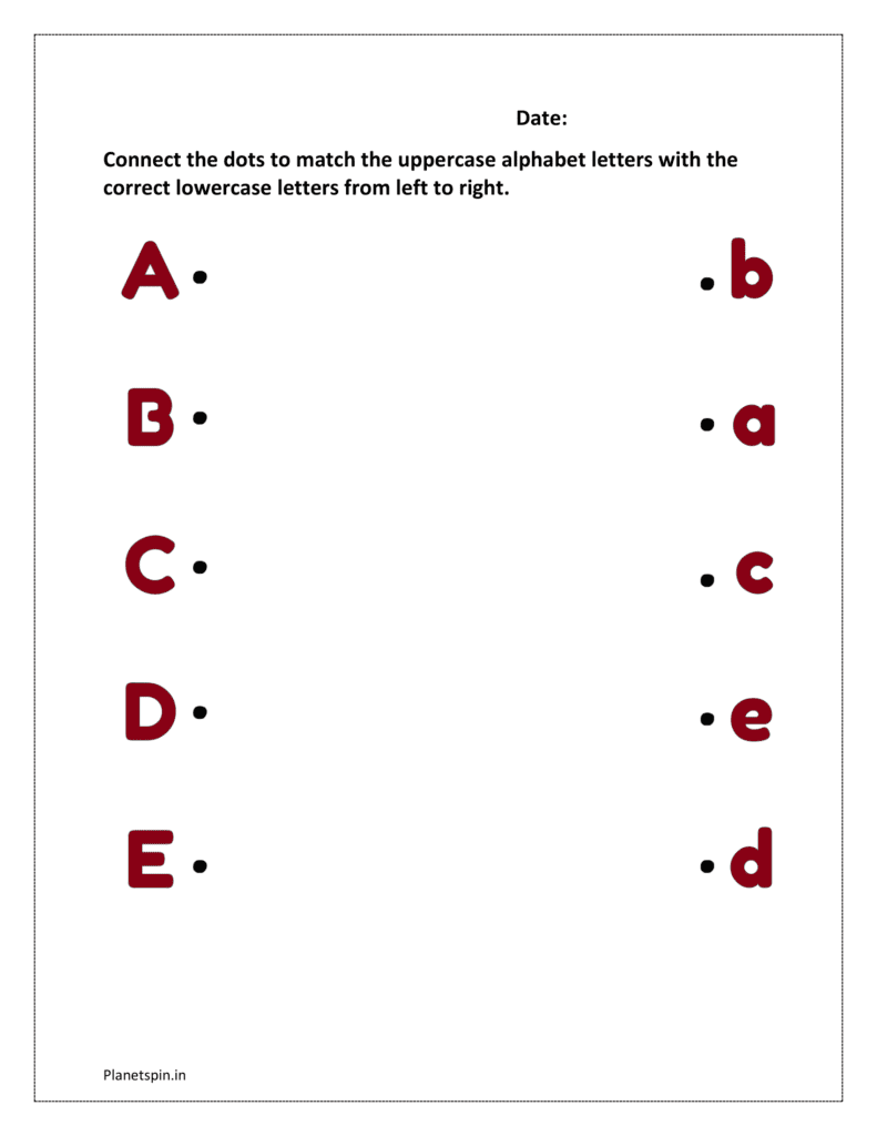 A to E: Connect the dots to match the uppercase alphabet letters with the correct lowercase letters from left to right