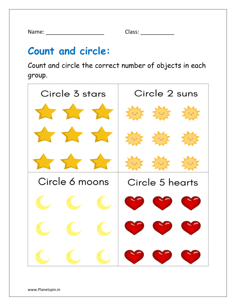 Count and circle the correct number of objects in each group