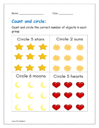 Count and circle the correct number of objects in each group