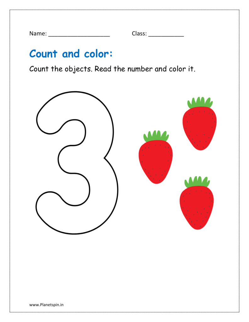 3: Count the objects. Read the number and color it (count and colour worksheets pdf)