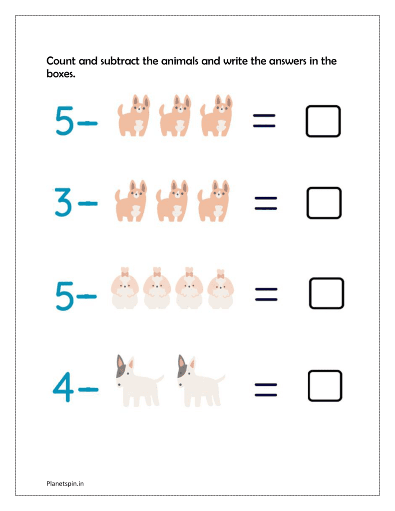 Count and subtract the animals and write the answers in the boxes