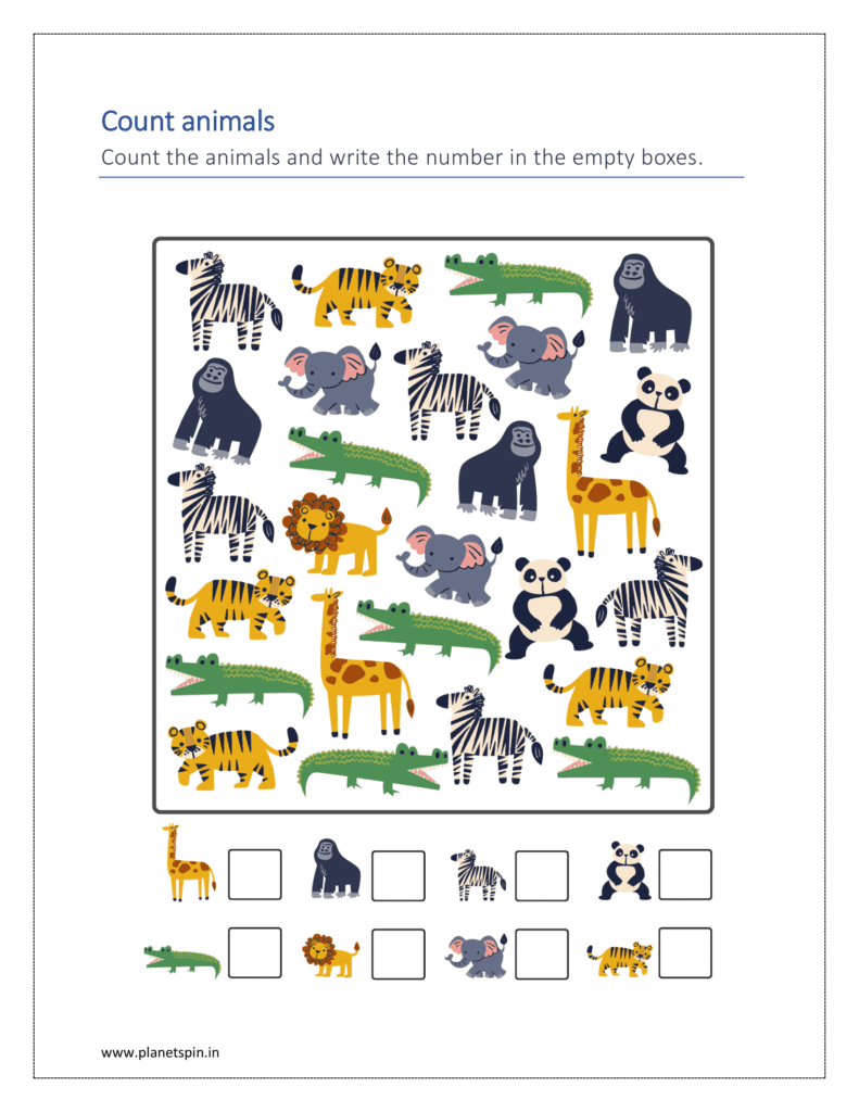 Counting the animals pictures and writing the number in the empty boxes