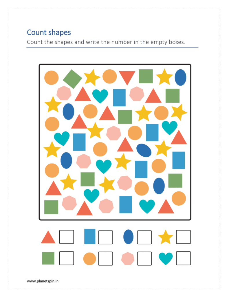 Count the shapes and write the number in the empty boxes 