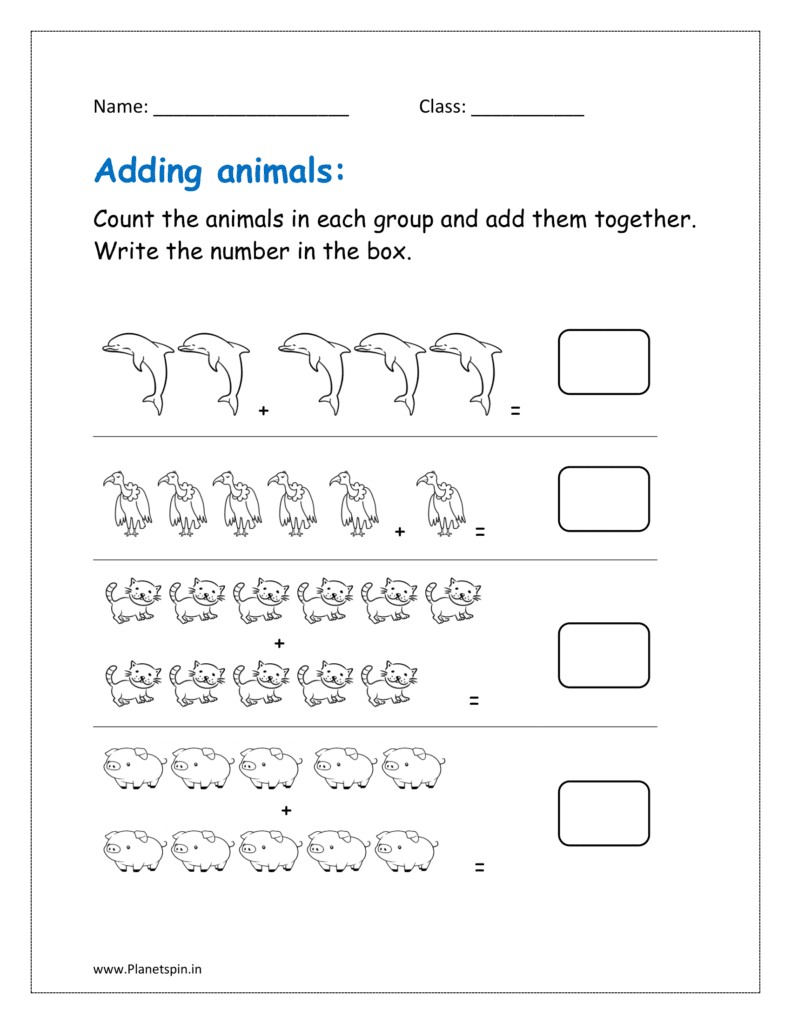 Count the animals in each group and add them together. Write the number in the box.