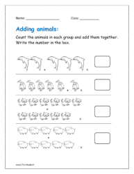 Count the animals in each group and add them together. Write the number in the box.