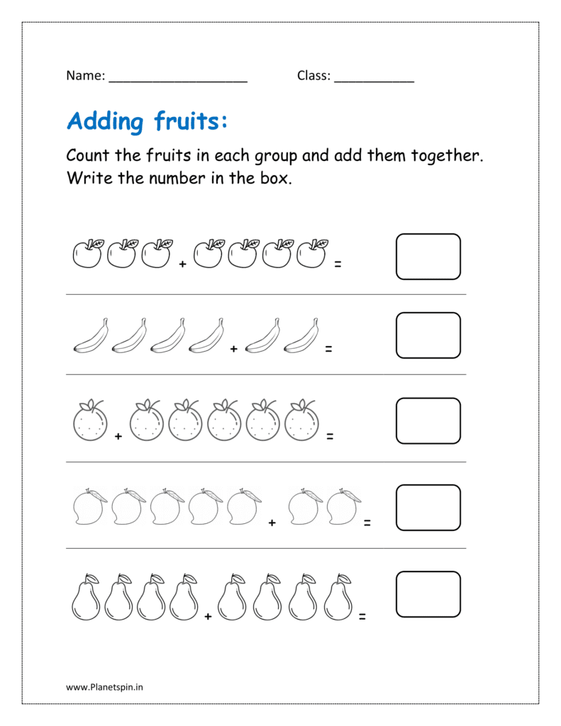 Count the fruits in each group and add them together. Write the number in the box.