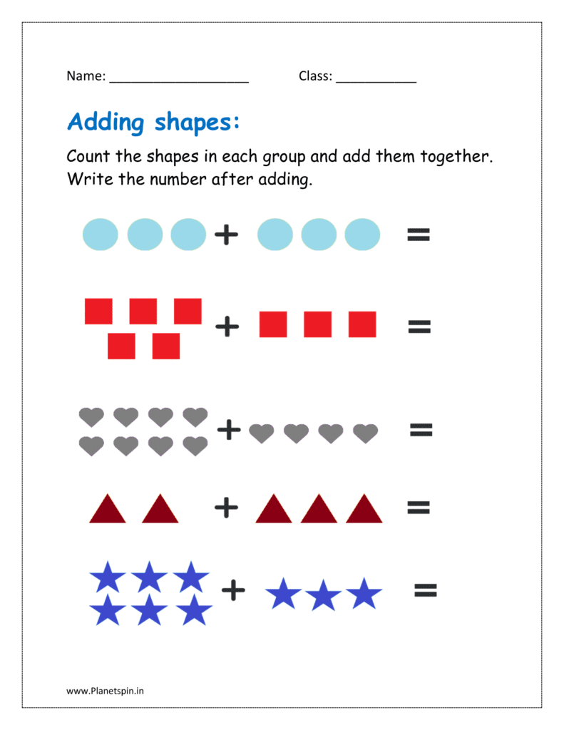 Count the shapes in each group and add them together. Write the number after adding.