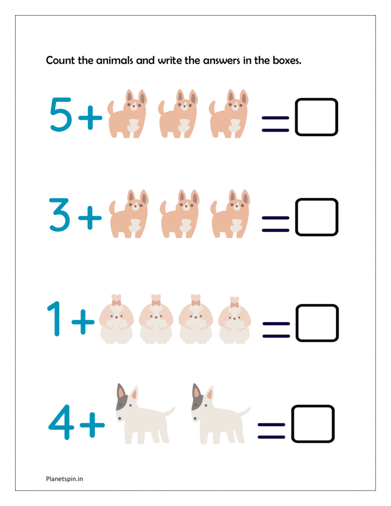 Count the animals and write the answers in the boxes