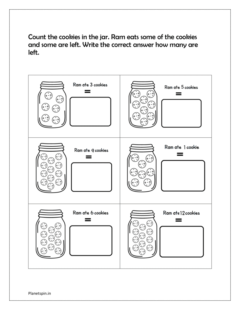 Count the cookies in the jar. Ram eats some of the cookies and some are left. Write the correct answer how many are left (subtraction word problems kindergarten worksheets)